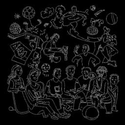 Strichzeichnung eines Mannes, der Aaron Troschke darstellt und entspannt mit Familie und Freunden zusammen ist. Im Hintergrund sind symbolische Darstellungen von Fußball, Glauben und Geschäftsaspekten zu sehen, alles vor einem weißen Hintergrund.