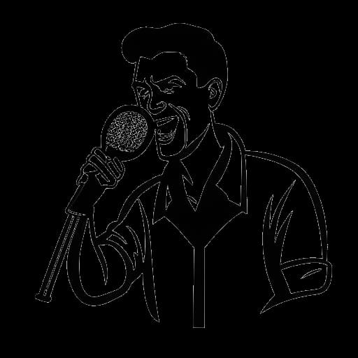 Line art drawing of a man, representing Aaron Troschke, holding a microphone, with the 'Achtung Aaron!' logo in the background, representing his announcement of hosting his own celebrity news series on Joyn in April 2021, on a white background