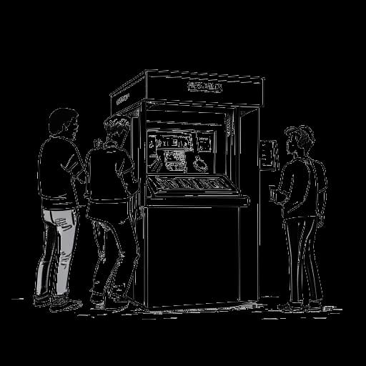 Line art drawing of a man, representing Aaron Troschke, happily running a kiosk, with customers lined up, on a white background