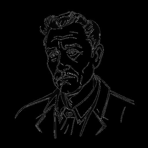 Line art drawing of a man, representing Aaron Troschke, with a down-to-earth demeanor and a charismatic personality, on a white background