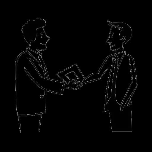 Line art drawing of a man, representing Aaron Troschke, handing over a document, representing the sale of his remaining shares in ReachHero, on a white background