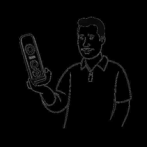 Line art drawing of a man, representing Aaron Troschke, holding a remote control, with the Joyn logo in the background, representing his launch of the 'Shame Game' series on the streaming platform Joyn in August 2020, on a white background