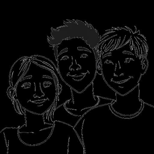 Line art drawing of a man, representing Aaron Troschke, with his siblings, in a YouTube video thumbnail, representing their close bond and appearances in his videos, on a white background
