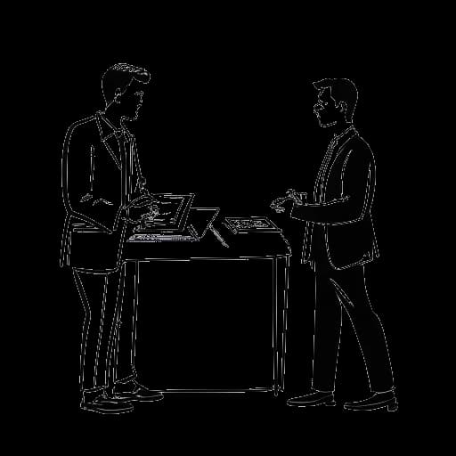 Line art drawing of a man, representing Aaron Troschke, interviewing someone at a trade show booth, representing his interviews at various trade shows, including the Venus Fair, on a white background