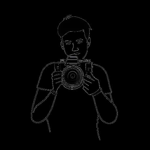 Line art drawing of a man, representing Aaron Troschke, holding a camera, with the YouTube logo in the background, representing his beginning of his YouTube career in 2013 with the channel 'Hey Aaron!!!', on a white background