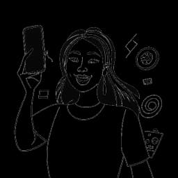 Desenho de uma linha de uma mulher, representando Ava Louise, confiantemente tirando uma selfie, rodeada pelos logos do TikTok e do Instagram, com símbolos de riqueza destacando seu sucesso financeiro.