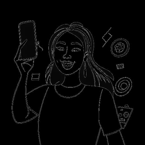 Desenho de uma linha de uma mulher, representando Ava Louise, confiantemente tirando uma selfie, rodeada pelos logos do TikTok e do Instagram, com símbolos de riqueza destacando seu sucesso financeiro.
