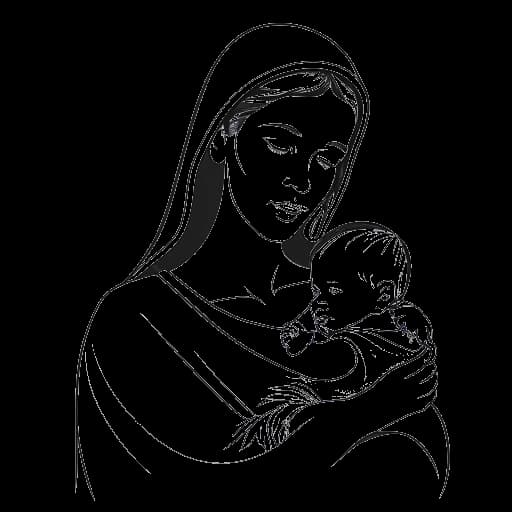 Disegno in linea di una donna che tiene un bambino che rappresenta Ava Louise, con una croce sullo sfondo