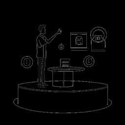 Strichzeichnung eines Mannes, symbolisch für Freshtorge, der auf einem virtuellen Podium steht, umgeben von digitalen Symbolen wie Abonnentenzahl und Ansichtsmetriken vor einem weißen Hintergrund