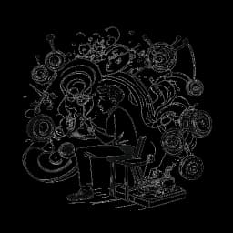 Strichzeichnung eines Mannes, der Freshtorge symbolisiert, vertieft in Filmemachen und Musikzusammenarbeiten, umgeben von Filmrollen und Musiknoten vor einem weißen Hintergrund
