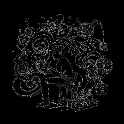 Strichzeichnung eines Mannes, der Freshtorge symbolisiert, vertieft in Filmemachen und Musikzusammenarbeiten, umgeben von Filmrollen und Musiknoten vor einem weißen Hintergrund