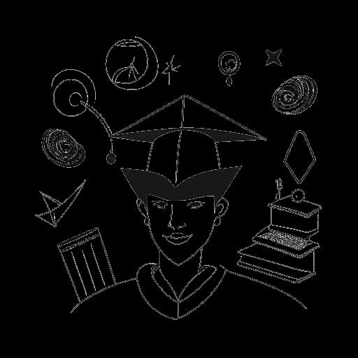 Strichzeichnung eines Mannes, der Freshtorge darstellt, mit symbolischen Elementen wie einem Wiedergabeknopf kombiniert mit einer Abschlusskappe, was den Erfolg auf YouTube und in der Bildung symbolisiert, vor einem weißen Hintergrund