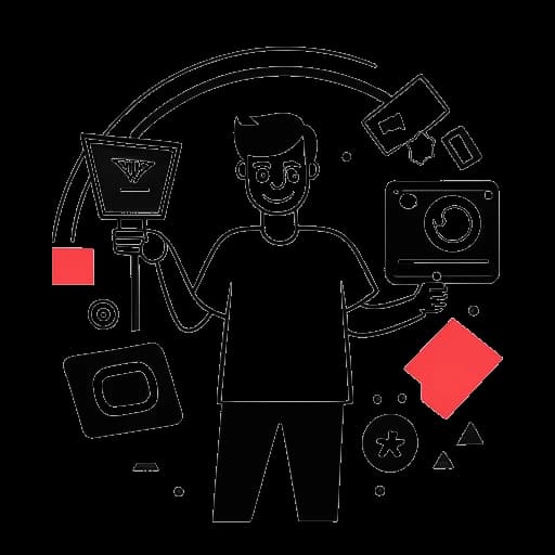 Strichzeichnung eines Mannes, der Freshtorge repräsentiert. Er hat kurze Haare und ist leger gekleidet. Er hält einen YouTube-Play-Button-Pokal in der einen Hand und eine Filmklappe in der anderen. Um ihn herum sind Dollarzeichen zu sehen, die seinen finanziellen Erfolg symbolisieren. Der Hintergrund geht nahtlos von einem YouTube-Logo zu einem Filmstreifen über und repräsentiert seine vielfältigen Einkommensquellen, alles vor einem weißen Hintergrund.