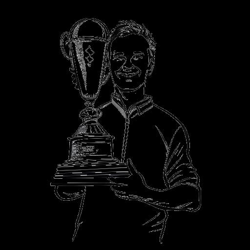 Strichzeichnung eines Mannes, der Freshtorge darstellt, der vor deutschen Flaggen einen Pokal hält