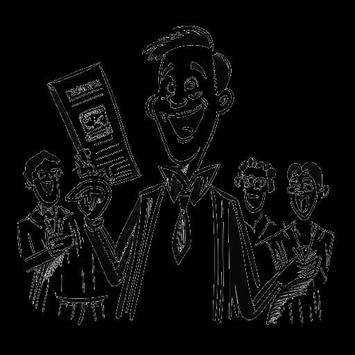 Strichzeichnung eines Mannes, der Freshtorge darstellt, der vor einem lachenden Publikum eine 'Comedy Award'-Nominierungsurkunde hält