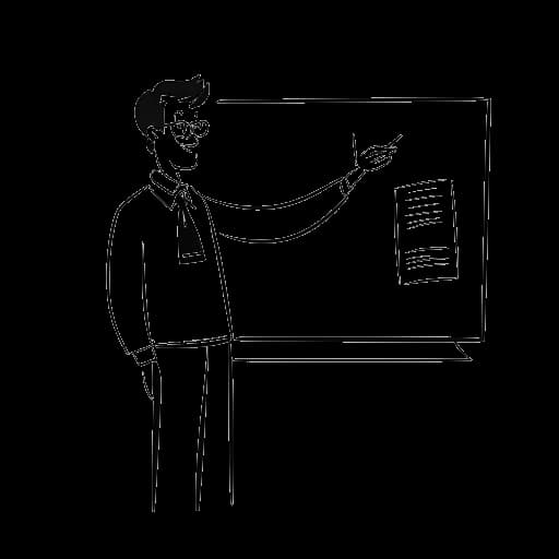 Strichzeichnung eines Lehrers, der Freshtorge darstellt, der vor einem Schulgebäude auf eine Tafel zeigt