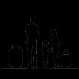 Strichbild einer Familiensilhouette mit Gewichten und einem Reisekoffer, das das ausgewogene Leben von Kai Pflaume repräsentiert.