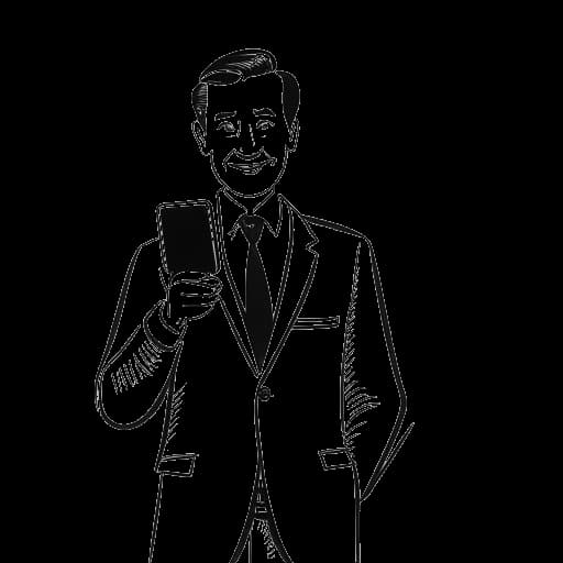 Strichzeichnung eines Mannes, der Kai Pflaume darstellt, schick gekleidet, ein Mikrofon haltend, das auf seinen Beruf im Medienbereich hinweist, und ein Handy, das seinen YouTube-Kanal zeigt, vor einem weißen Hintergrund.