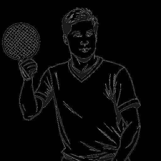 Strichzeichnung eines jungen Mannes, der einen Tischtennisschläger in der Hand hält und mit einer Medaille um den Hals, repräsentiert Kai Pflaumes Teenagerjahre als Vizestadtmannschaftsmeister in Leipzig.