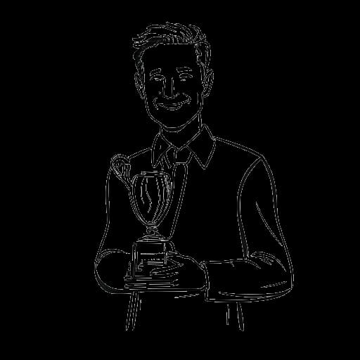 Line art drawing of a man, representing Varion, proudly holding a trophy, symbolizing the accolades and recognition he has garnered in his career.