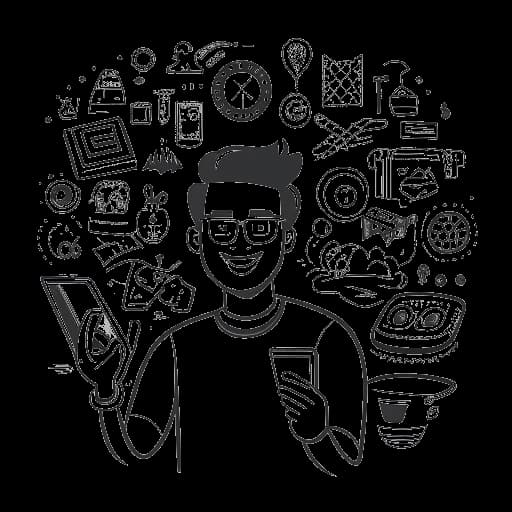 Strichzeichnung eines Mannes, der Varion (Florian Kiesow) repräsentiert, mit einem freundlichen und humorvollen Ausdruck, der einen YouTube-Play-Button hält. Im Hintergrund befinden sich symbolische Darstellungen seiner unternehmerischen Tätigkeiten: eine Kamera, eine Theatermaske und ein Dollarzeichen, alles vor einem weißen Hintergrund.