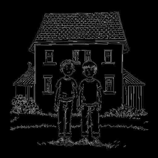 Strichzeichnung von zwei Jungen, die Florian Kiesow (Varion) und seinen jüngeren Bruder vor einem Haus in Siggelkow, Mecklenburg-Vorpommern, darstellen.