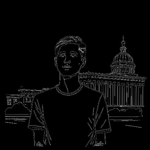 Strichzeichnung eines Mannes, der Varion darstellt, vor dem Kapitol der Vereinigten Staaten, was seine Teilnahme am Parlamentarischen Patenschafts-Programm symbolisiert.