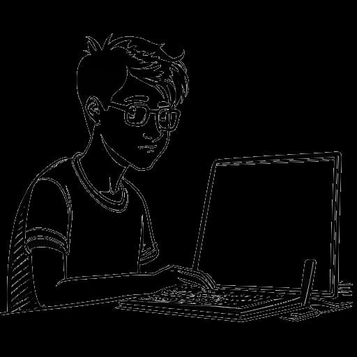 Strichzeichnung eines Mannes, der Varion darstellt, der sich selbst das Videoschneiden mit Windows Movie Maker beibringt.