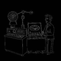Line art representation of a man, symbolizing Nick Kosir, transitioning from general news reporting to weather forecasting surrounded by broadcasting equipment.