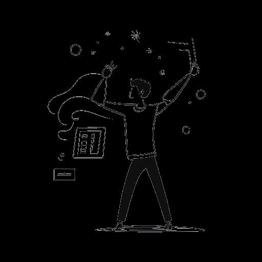 Line art drawing of a man representing Nick Kosir dancing next to a weather chart with a mobile phone in hand, featuring icons of social media apps.