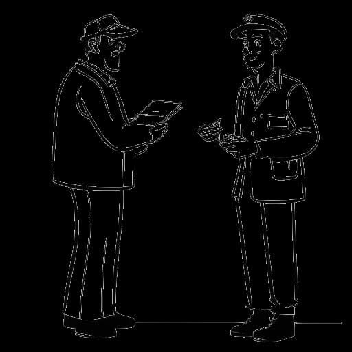 Strichzeichnung eines Mannes, der Nick Kosir darstellt, der mit einem Zusteller interagiert, der ein Foto mit ihm macht.