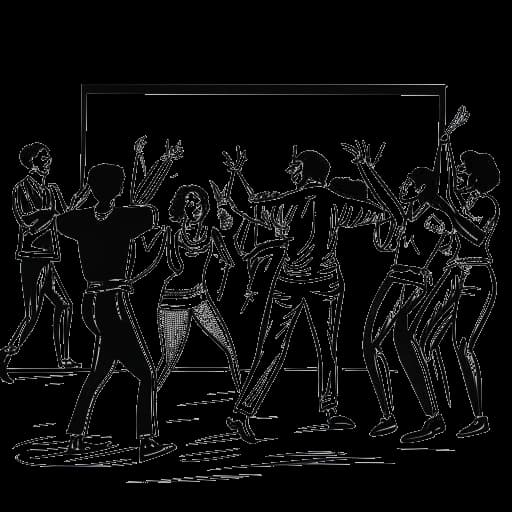 Strichzeichnung eines Mannes, der Nick Kosir darstellt, der mit professionellen Tänzern auf dem Set von 'So You Think You Can Dance' tanzt.