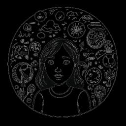 Line art drawing of a thoughtful young girl representing Greta Thunberg, surrounded by symbols of climate change.