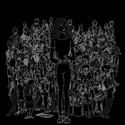 Line art drawing of a woman, representing Alix Earle, standing confidently amidst striking brand logos and scenes of bustling high-profile events against a white backdrop.