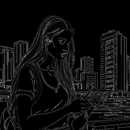 A line art drawing of a woman, representing Alix Earle, engaging with an electronic device. The background presents a transition from a construction site to the lively Miami nightlife against a white backdrop