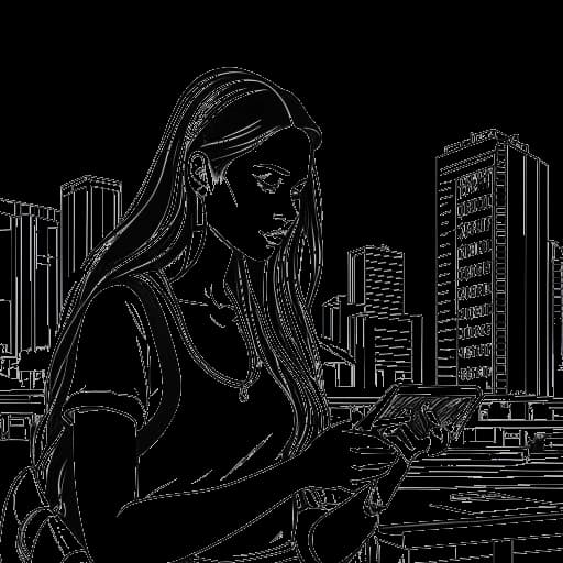 A line art drawing of a woman, representing Alix Earle, engaging with an electronic device. The background presents a transition from a construction site to the lively Miami nightlife against a white backdrop