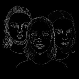 A line art drawing of a woman, representing Alix Earle, between two contrasting masks, depicting a podcast host and a distressed woman on a white backdrop.