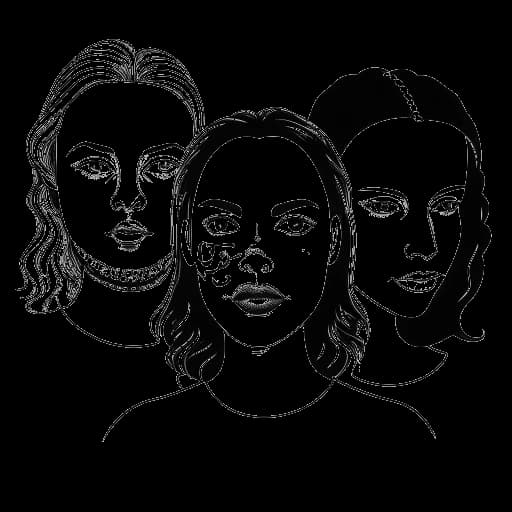 A line art drawing of a woman, representing Alix Earle, between two contrasting masks, depicting a podcast host and a distressed woman on a white backdrop.