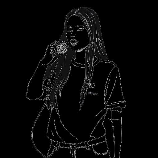 Dessin en ligne d'une jeune femme représentant Alix Earle, avec des cheveux flottants, portant des vêtements branchés. Elle tient un smartphone et un microphone, incarnant ses rôles d'influenceuse numérique et d'animatrice de podcast. Les logos emblématiques de L'Oréal et Peloton ornent l'arrière-plan, sur un fond blanc.