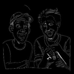 Lijntekening van Brandon Farris en Cameron Domasky die samenwerken aan een video-uitdaging, met uitdrukkingen van hilariteit en verrassing. De tekening is zwart-wit en staat tegen een witte achtergrond.
