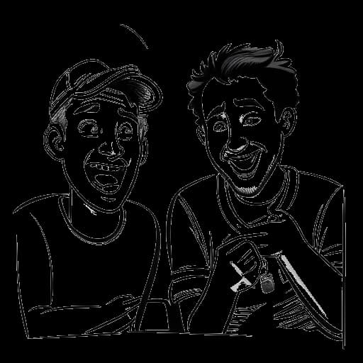 Lijntekening van Brandon Farris en Cameron Domasky die samenwerken aan een video-uitdaging, met uitdrukkingen van hilariteit en verrassing. De tekening is zwart-wit en staat tegen een witte achtergrond.