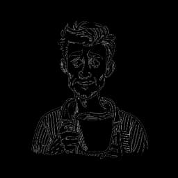 Lijntekening van een man, voorstellende Brandon Farris, met een grappige uitdrukking en een koffiekop vasthoudend. De tekening is zwart-wit en staat tegen een witte achtergrond.