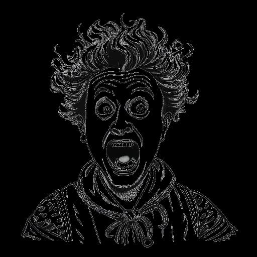 Lijntekening van Brandon Farris die een creatief en opvallend kostuum draagt, met een verbaasde uitdrukking op zijn gezicht. De tekening is zwart-wit en staat tegen een witte achtergrond.