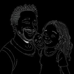Lijntekening van Brandon Farris en Maria Gloria, met Maria's dochter Autumn, die samen een luchtig moment delen. De tekening is zwart-wit en staat tegen een witte achtergrond.