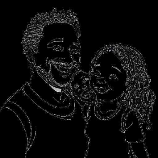 Lijntekening van Brandon Farris en Maria Gloria, met Maria's dochter Autumn, die samen een luchtig moment delen. De tekening is zwart-wit en staat tegen een witte achtergrond.