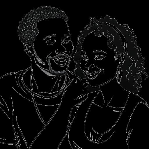 Lijntekening van Brandon Farris en Maria Gloria die samen content creëren, met uitdrukkingen van passie en vastberadenheid. De tekening is zwart-wit en staat tegen een witte achtergrond.