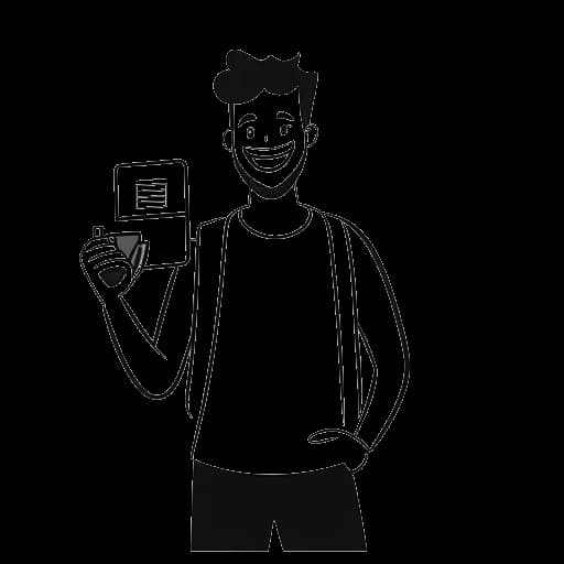 Strichzeichnung eines Mannes, der Brandon Farris darstellt, mit einem breiten Lächeln im Gesicht, der in einer Hand einen YouTube-Play-Button-Preis und in der anderen eine Geldtasche hält. Ein Laptop und eine Kamera sind in der Nähe positioniert, symbolisieren seine Karriere als Content-Ersteller und Komiker, alles gegen einen weißen Hintergrund.