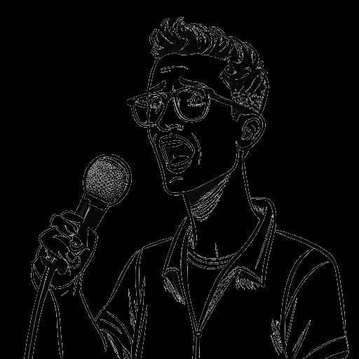 Strichzeichnung eines Mannes, der Brandon Farris darstellt, der in ein Mikrofon spricht, mit Sprechblasen für die Sätze.