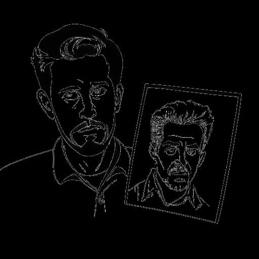 Strichzeichnung eines Mannes, der Brandon Farris darstellt, der ein mysteriöses Porträt einer Braut hält.