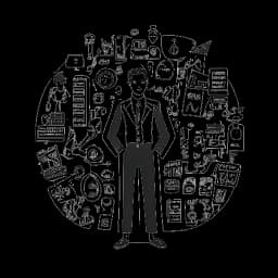 Line art image of a man, representing Alex Hormozi, standing proudly amidst symbols of various businesses he has created.